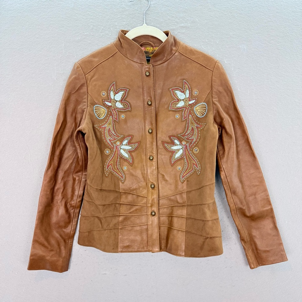 Maurizio Jeans Vintage 70s women’s cognac Italian leather Jacket embroidered‎ XS